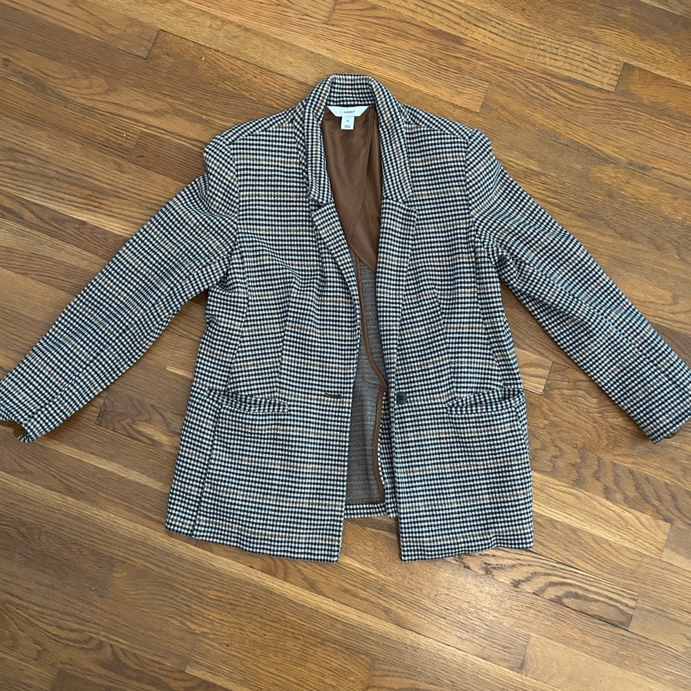 Women’s Houndstooth Blazer Jacket - Black, White, & Tan